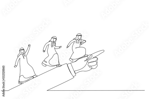 Illustration of arab man running forward looking for success in the way showed by giant hand of leader. Metaphor for directional leadership. One continuous line art style