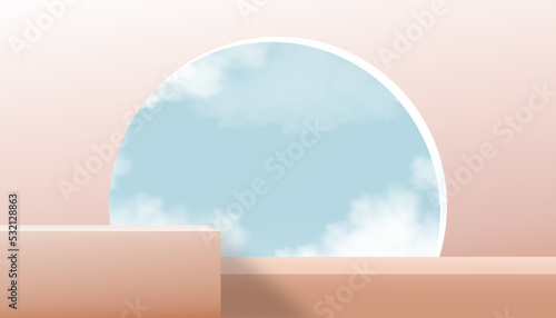 Studio room background 3D podium display on beige wall,Vector backdrop banner stand with cloud blue sky on window,Minimal mockup for Beauty,Cosmetic,Spa product presentation on Fall season