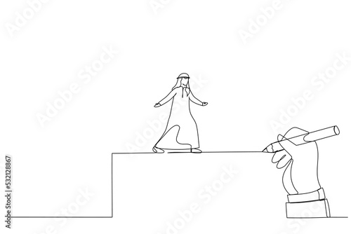 Drawing of giant hand draws a road for the arab businessman to walk. Single line art style