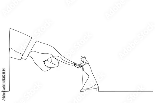 Illustration of arab businessman fight and keep pushing against giant business hand. Metaphor for conflict against boss or employer. One line art style