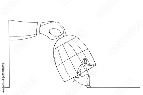 Drawing of giant hand capturing a running arab businessman with birdcage. Single line art style