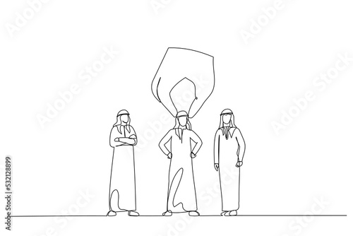 Cartoon of big hand choosing and picking up arab businessman. Single continuous line art style