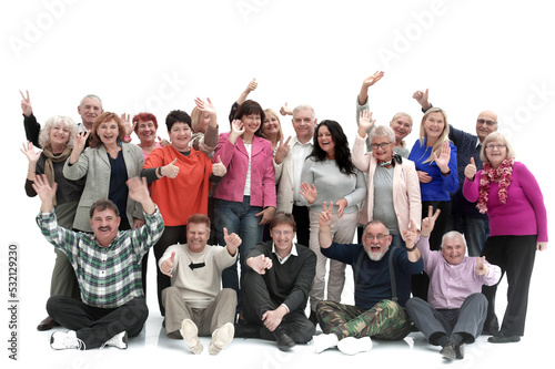 Group of happy elderly people standing and sitting isolated over a white background
