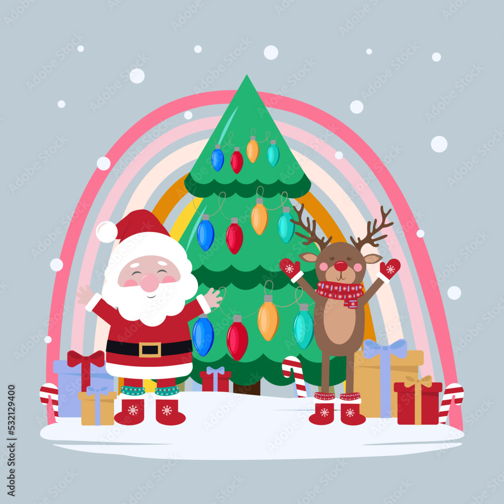 Santa Claus and reindeer with gifts under Christmas tree vector illustration.
