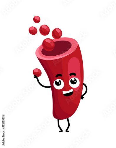 Blood vessel cute cartoon character. Body anatomy element, health medical sign, internal organ, human body physiology isolated on white background vector illustration.