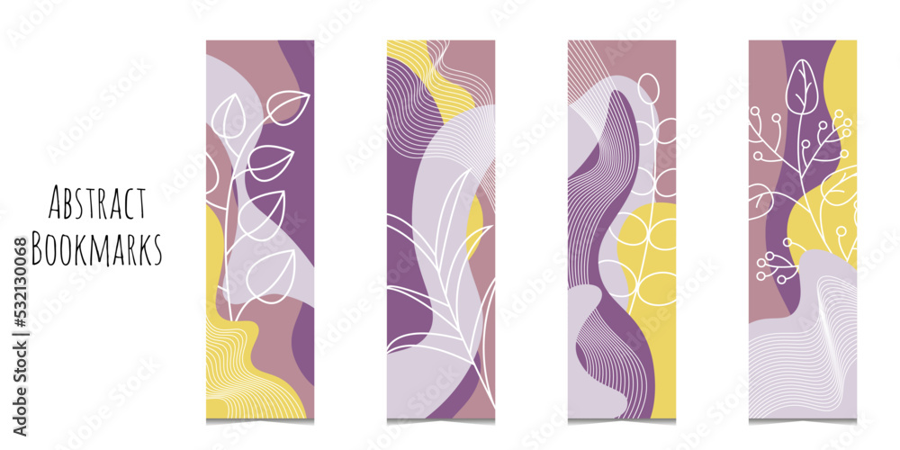 Set of 4 bookmarks templates in yellow and pink color palette. Abstract waves with geometric and floral elements. Classical rectangular bookmarks. Flat illustration. Isolated on white background.