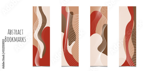 Set of 4 bookmarks templates in beige and red color palette. Abstract waves with lines elements. Classical rectangular bookmarks. Abstract illustration. Isolated on white background.