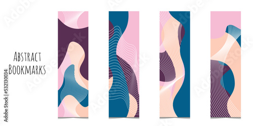 Set of 4 bookmarks templates in blue and pink color palette. Abstract waves and geometric lines elements. Classical rectangular bookmarks. Flat illustration. Isolated on white background.