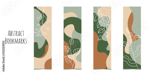 Set of 4 bookmarks templates in beige and green color palette. Abstract waves with floral elements. Classical rectangular bookmarks. Flat illustration. Isolated on white background.