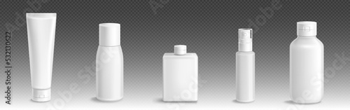 Cream bottles, lotion, sunscreen tubes isolated mockup. White plastic package for scrub or hair mask. Blank salve can, ointment, cosmetic product pack template, realistic 3d vector containers mock up