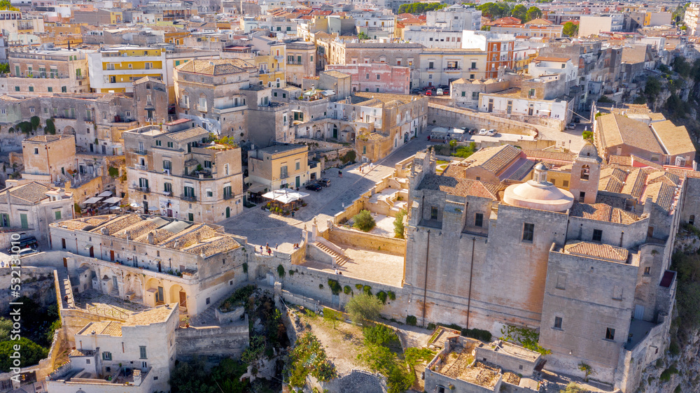 Aerial view of the Sant'Agostino complex in Matera, Basilicata, Italy. The building of worship includes the church and the convent, is located in the Sassi district. It is the patrimony of humanity.