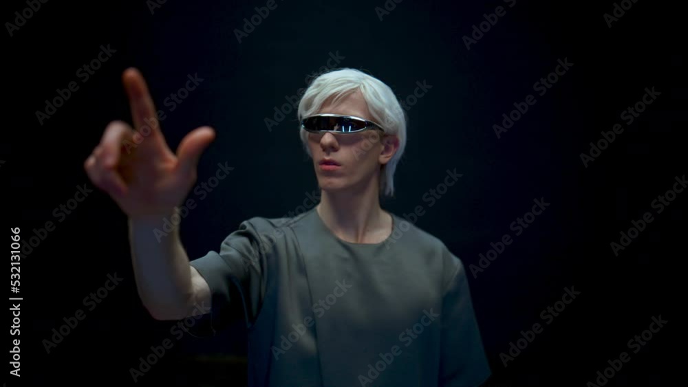 Vr man pointing augmented reality interface closeup. Future guy enjoy metaverse Vr man pointing augmented reality interface closeup. Future guy enjoy metaverse