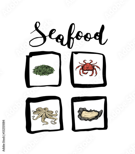 Seafood vintage hand drawn icon set. Oyster, crab, octopus and seaweed salad sketches for restaurant menu or market advertising. Natural healthy food lettering elements isolated vector illustration.