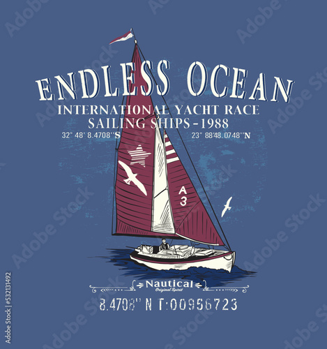 Nautical design. sketch sail graphic design. Can be used as t shirt printing design
