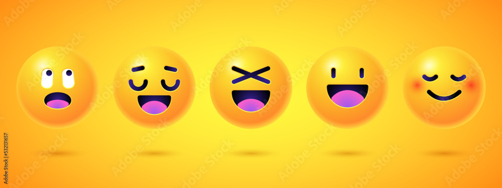 Fototapeta premium Round 3d emoticons set. Yellow Emoji faces emoticon smile, digital smiley expression emotion feelings, chat cartoon emotes. Vector illustration icons