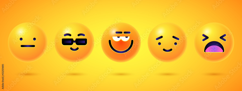 Fototapeta premium Round 3d emoticons set. Yellow Emoji faces emoticon smile, digital smiley expression emotion feelings, chat cartoon emotes. Vector illustration icons