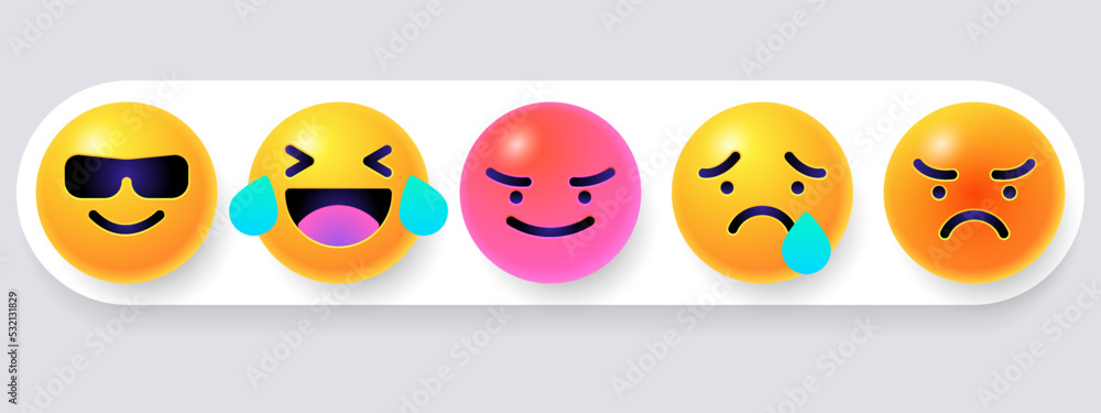 Round 3d emoticons set. Yellow Emoji faces emoticon smile, digital smiley expression emotion feelings, chat cartoon emotes. Vector illustration icons Round 3d emoticons set. Yellow Emoji faces emoticon smile, digital smiley expression emotion feelings, chat cartoon emotes. Vector illustration icons