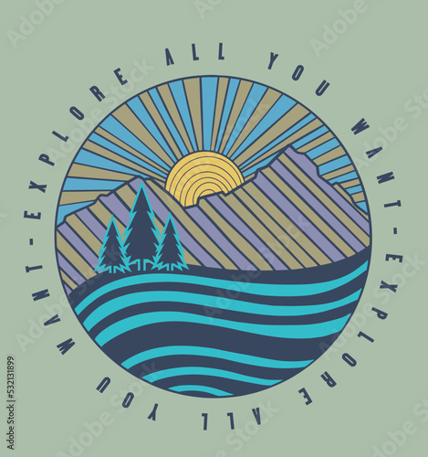 Mountain illustration, outdoor adventure . Vector graphic for t shirt and other uses.