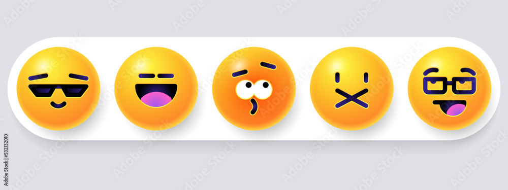 Round 3d emoticons set. Yellow Emoji faces emoticon smile, digital smiley expression emotion feelings, chat cartoon emotes. Vector illustration icons Round 3d emoticons set. Yellow Emoji faces emoticon smile, digital smiley expression emotion feelings, chat cartoon emotes. Vector illustration icons