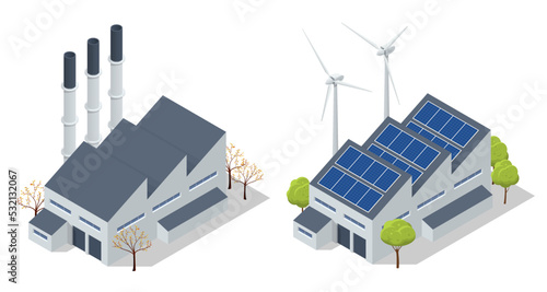 Isometric industrial chimneys with heavy smoke causing air pollution. Environment Polluted by CO2 Emission. Climate hange roblem, health care for people and animals