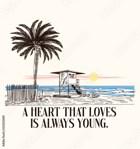 vector summer beach with palm trees illustration.