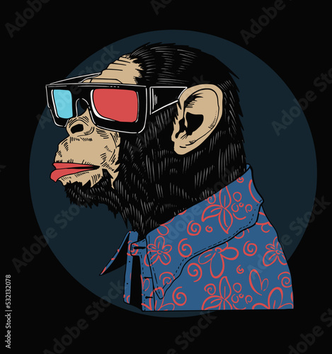 Illustration of monkey wearing 3D glasses. Shirt with floral print on it .