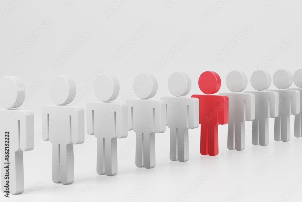 Illustration of red person different standing out in a crowd white people on white background. Red human model with the others in a row of leadership businessman, human resource concept. 3d rendering Illustration of red person different standing out in a crowd white people on white background. Red human model with the others in a row of leadership businessman, human resource concept. 3d rendering