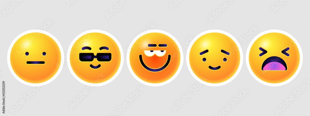 Round 3d emoticons set. Yellow Emoji faces emoticon smile, digital smiley expression emotion feelings, chat cartoon emotes. Vector illustration icons Round 3d emoticons set. Yellow Emoji faces emoticon smile, digital smiley expression emotion feelings, chat cartoon emotes. Vector illustration icons