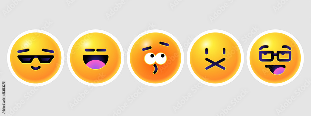 Fototapeta premium Round 3d emoticons set. Yellow Emoji faces emoticon smile, digital smiley expression emotion feelings, chat cartoon emotes. Vector illustration icons
