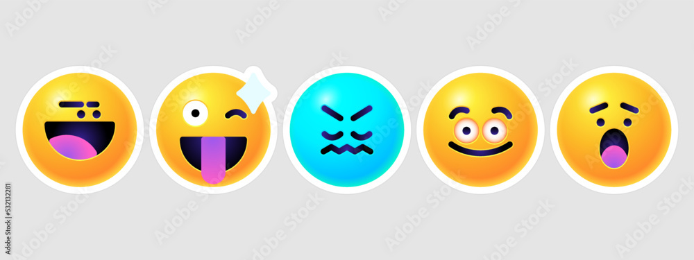 Fototapeta premium Round 3d emoticons set. Yellow Emoji faces emoticon smile, digital smiley expression emotion feelings, chat cartoon emotes. Vector illustration icons