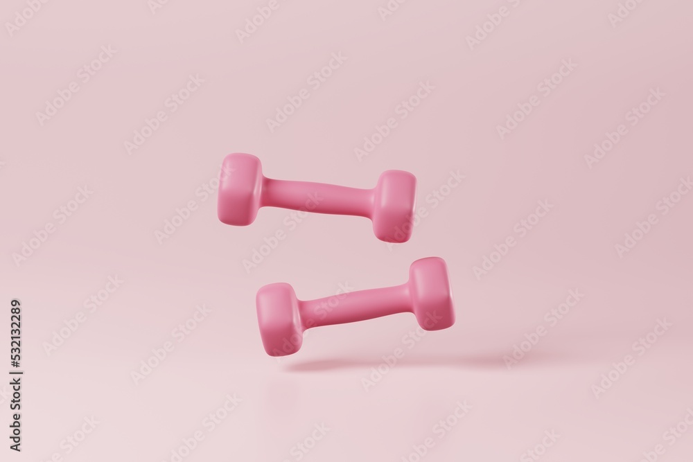 Minimal pink dumbbell on pink background. Weight training activity, bodybuilding exercise, daily gym and fitness, dieting for health, sport heavy for muscular building equipment concept. 3d rendering Minimal pink dumbbell on pink background. Weight training activity, bodybuilding exercise, daily gym and fitness, dieting for health, sport heavy for muscular building equipment concept. 3d rendering