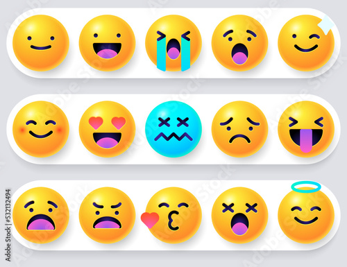 Round 3d emoticons set. Yellow Emoji faces emoticon smile, digital smiley expression emotion feelings, chat cartoon emotes. Vector illustration icons
