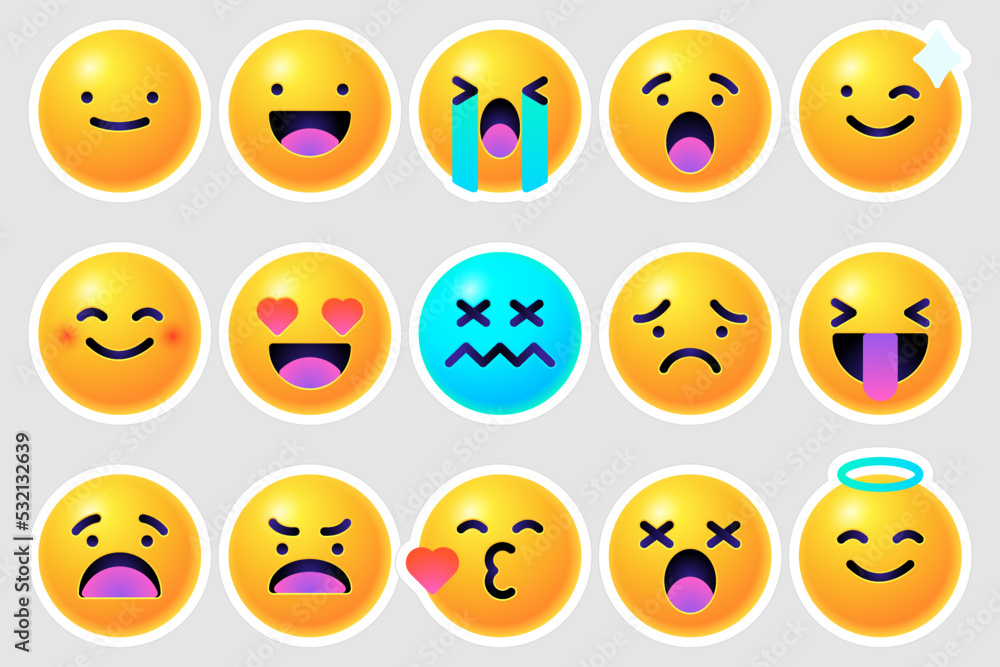 Round 3d emoticons set. Yellow Emoji faces emoticon smile, digital smiley expression emotion feelings, chat cartoon emotes. Vector illustration icons Round 3d emoticons set. Yellow Emoji faces emoticon smile, digital smiley expression emotion feelings, chat cartoon emotes. Vector illustration icons