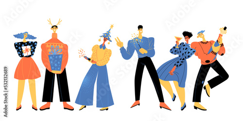 Collection of illustrations of people with confetti, gifts and sparkling wine. Happy men and women celebrating Christmas and New Year