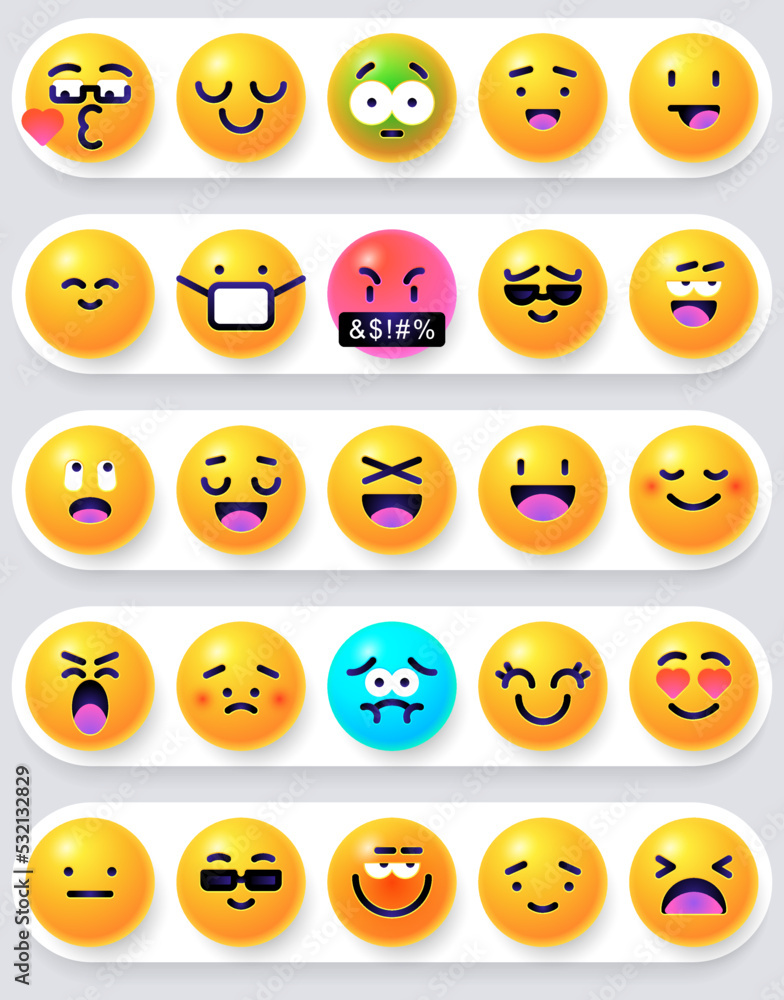 Round 3d emoticons set. Yellow Emoji faces emoticon smile, digital smiley expression emotion feelings, chat cartoon emotes. Vector illustration icons Round 3d emoticons set. Yellow Emoji faces emoticon smile, digital smiley expression emotion feelings, chat cartoon emotes. Vector illustration icons