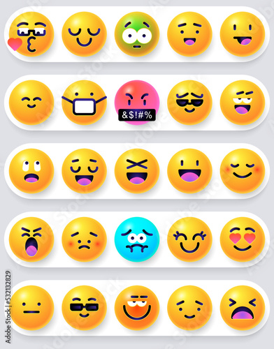 Round 3d emoticons set. Yellow Emoji faces emoticon smile, digital smiley expression emotion feelings, chat cartoon emotes. Vector illustration icons