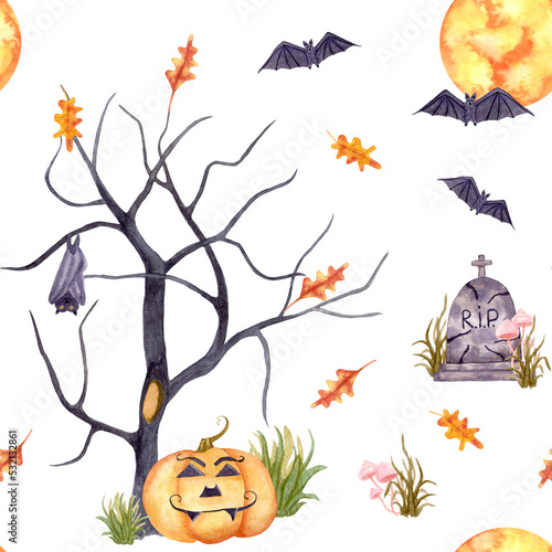 Happy Halloween. Seamless watercolor pattern with Pumpkin Jack and Bats. Watercolor illustration with Grave, Tree and Shining Moon. Autumn Burnt Leaves.