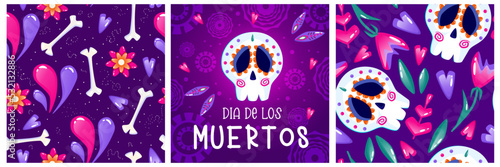 Muertos poster set, day dead with skull on purple background. Halloween costume. Cartoon vector illustration. Holiday Muertos background. Mexico catrina skeleton seamless pattern