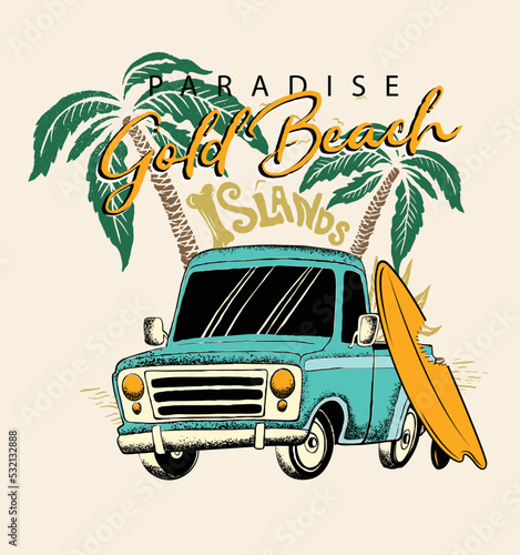 Gold beach .Vector surf car and palm tree illustration