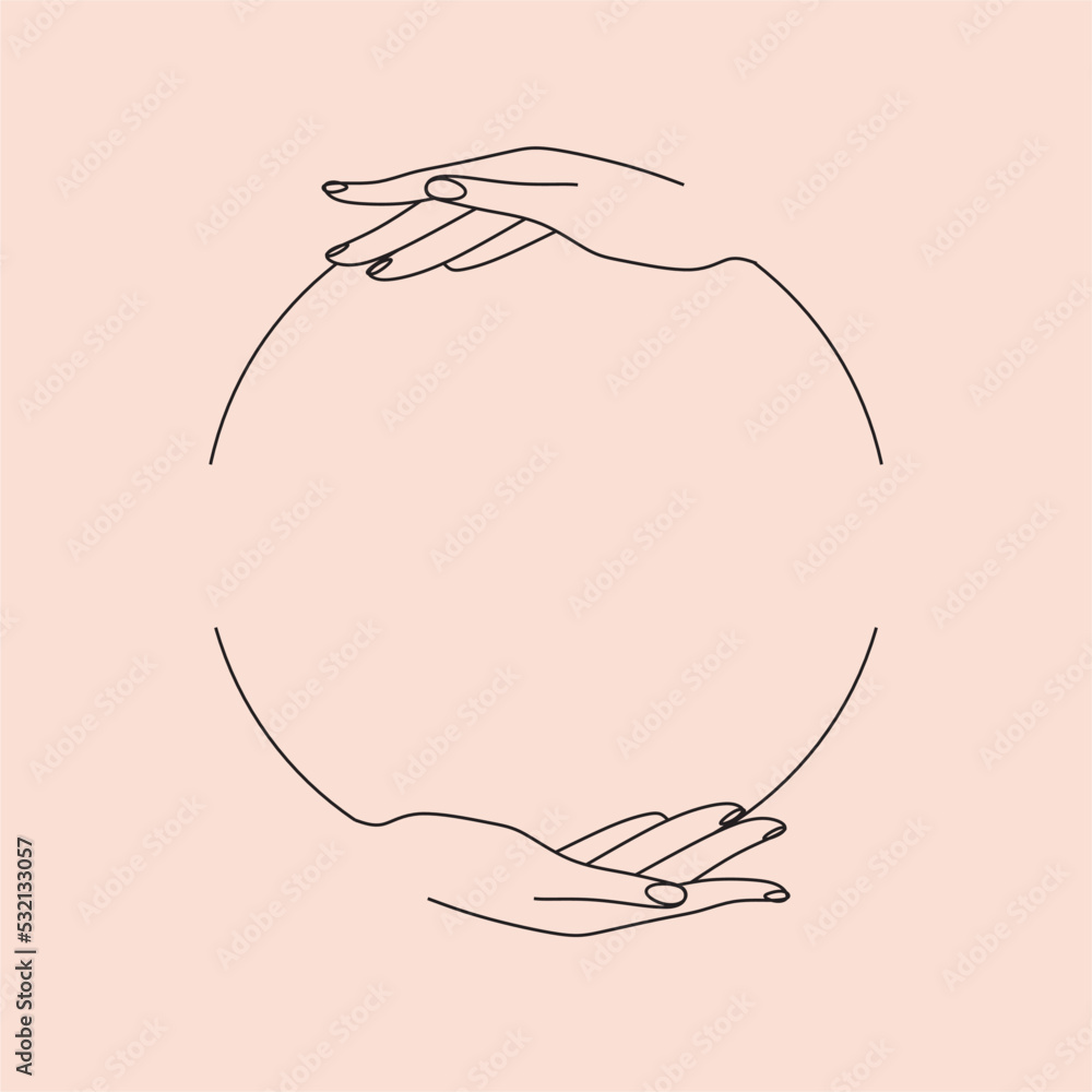 Hands and moon minimalist logo. Astorology wellness magic illustration. Modern Boho Line art