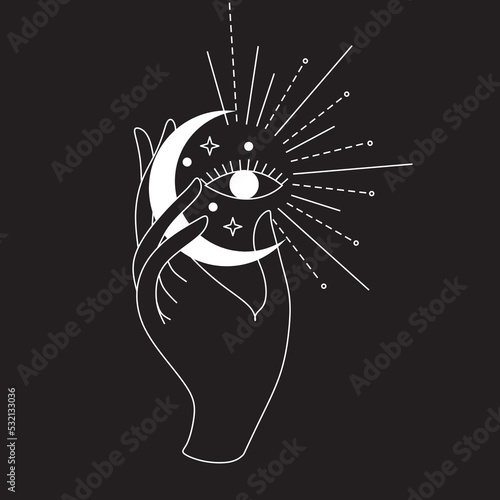 Hands and moon minimalist logo. Astorology wellness magic illustration. Modern Boho Line art photo