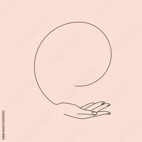 Hands and moon minimalist logo. Astorology wellness magic illustration. Modern Boho Line art photo