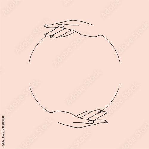 Hands and moon minimalist logo. Astorology wellness magic illustration. Modern Boho Line art
