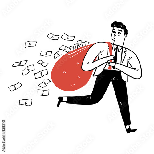 Business finance concept: The businessman is carrying a big bag that a lot of falling to overflows moneys.