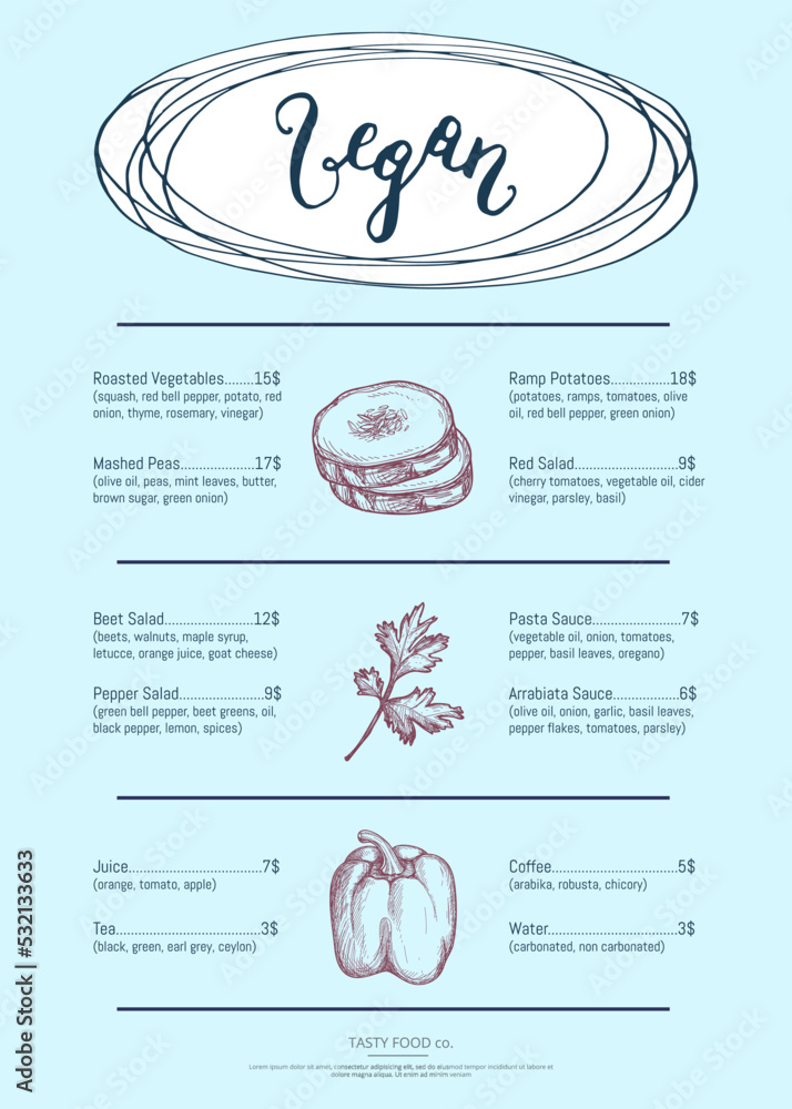 Vegan restaurant menu identity hand drawn design with vegetable ...