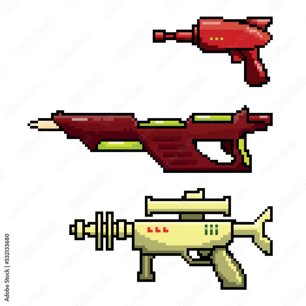 Space Gun. Blaster. Pixel Art. Cartoon. Icon set. Vector illustration Space Gun. Blaster. Pixel Art. Cartoon. Icon set. Vector illustration