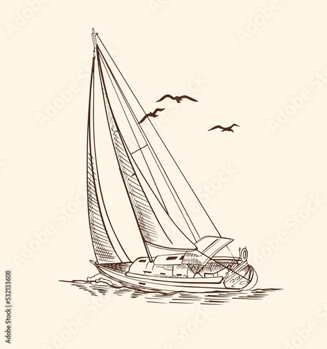 Sailboat in the sea, summer adventure, active vacation. Seagoing vessel, marine ship or nautical caravel. water transport in the ocean for sailor and captain. engraved hand drawn in vintage style.