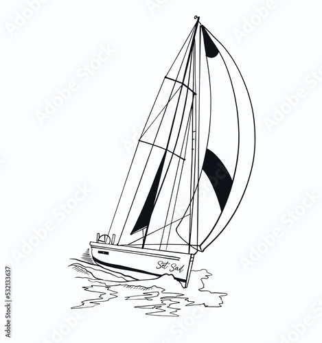 Sailboat in the sea, summer adventure, active vacation. Seagoing vessel, marine ship or nautical caravel. water transport in the ocean for sailor and captain. engraved hand drawn in vintage style.