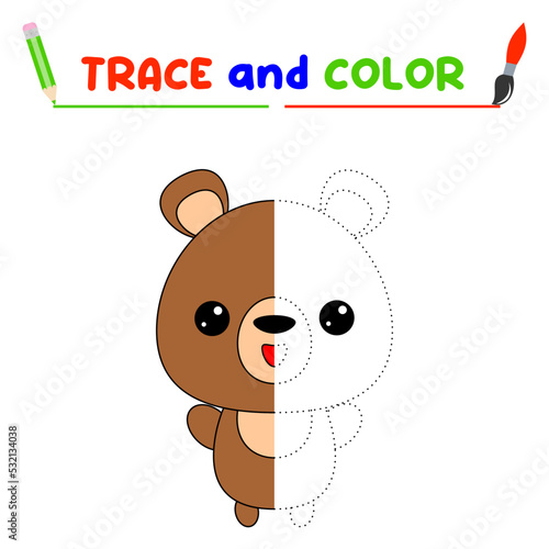 trace and color the animal. A training sheet for preschool children.Educational tasks for kids.Bear Coloring Book