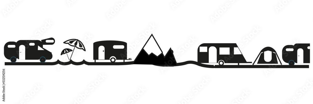 Arrière-plan vacances avec caravanes, camping-cars, tentes, montagne	